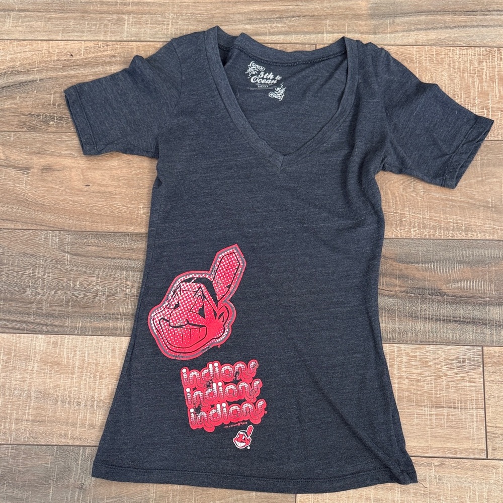 Blue V-Neck Tee with Red Graphic.
Cleveland Indians